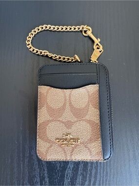 Coach Brown Signature Canvas Card Holder with Black Trim & Gold Chain